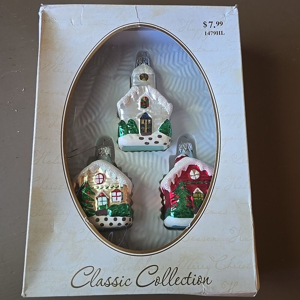 Vintage Blown Glass Ornaments 3 Houses Gingerbread Snow Hobby Lobby In Box